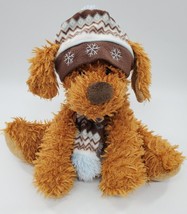 Hugfun Brown Puppy Brown Winter Chevron Hat Scarf Plush 14&quot;  Stuffed Toy B311 - £15.72 GBP