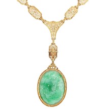 14k Yellow Gold Art Deco Filigree Jadeite Jade Necklace w/ GIA Report (#J5664) - £2,550.23 GBP