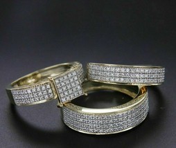 1CT Round Simulated Diamond Gold Plated 925 Silver Engagement Ring Band Trio Set - £111.46 GBP