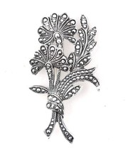 Vintage W Germany Marcasite Pin Brooch Floral Design 2.5 Inches Long - £13.32 GBP