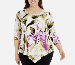 Alfani Womens Petite PM Garden Vision Printed Scoop Neck 3/4 Sleeve Top NWT T51 - £17.64 GBP