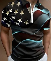 American Flag Three-Quarter Zip Casual Collared Short Sleeve Shirt Size Xl  - £11.66 GBP