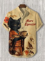 Men&#39;s More Espresso Black Cat Coffee Japanese Art Print Casual Shirt - £20.62 GBP