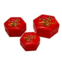 Nesting Trinket Boxes Red Floral Plastic Hexagon Thailand Cottage Granny Vintage - £10.74 GBP