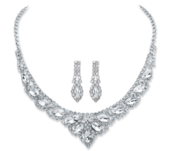 Marquise Cut Crystal 2 Piece Drop Earrings Tiara Bib Necklace Silvertone - $99.99