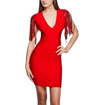 Tassel Sequin Women Red Fringed Sleeve V-Neck Sheath Streetwear Bandage Dress L - $39.88