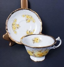 Yellow Rose Pattern 6 oz. Tea Cup &amp; Saucer Set White with Gold Rim - £20.79 GBP