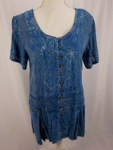 RAYA SUN SHIRT WOMENS SZ S BUTTON DOWN INDIGO FLOUNCE EMBROIDERED FLORAL... - $13.99