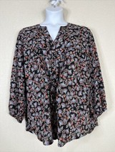 Terra &amp; Sky Womens Plus Size 1X Black Floral Button Up Tie Shirt Roll Tab Sleeve - £10.50 GBP