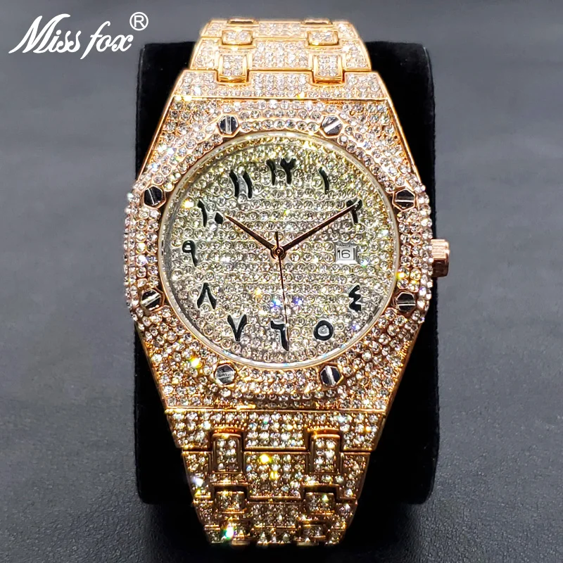  Full   For Men  Hip Hop Iced Out Arab Number Watch Men Fashion Steel Waterproof - £127.26 GBP