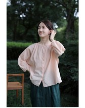 Autumn 2022 new literary nude Pink  cotton light  round neck loose small blouse  - £82.94 GBP