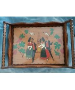 1969 Hand Carved and Painted Wooden Tray Glass Cover People Grapes Birds... - $26.99