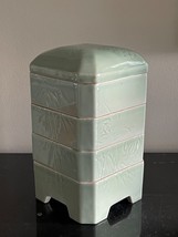 Vintage Celadon Four Tiered Lidded Glazed Pottery Box with Relief Floral... - £620.64 GBP