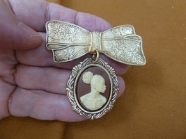 CA10-153 RARE African American LADY brown ivory CAMEO brass bow drop Pin Pendant - £26.86 GBP