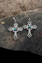 Louise Joe Signed Navajo Sterling Silver Natural Turquoise Cross Dangle Earrings - £93.96 GBP