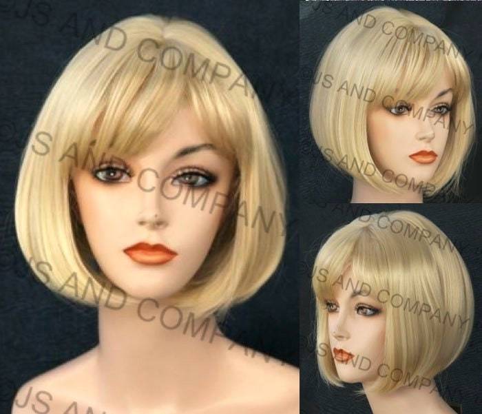 Pale Blonde Short Straight Bob Center Part with Full Bangs Classy and So... - $59.95