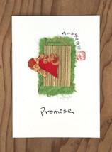 Two Red and Gold Silk Hearts on Bamboo Promise No.2 Greeting Card - £6.26 GBP