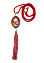 Vintage Red Cloisonné Flower Tassel Pendant Necklace - £17.06 GBP