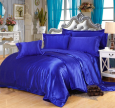 4pc.100% Mulberry Silk Solid Royal Blue Full Queen King Duvet Cover Set - £325.38 GBP+