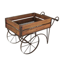 Rustic Wood And Metal Wagon Cart Style Plant Stand 24.25 Inches Long - £70.99 GBP