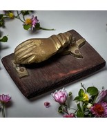 Antique Victorian Brass FIgural Hand Paperweight Desk Clip On Wooden Base - $18.50