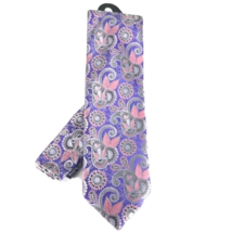 Barcelona Cravatte Men&#39;s Tie &amp; Hanky Set Purple Pink Silver Paisley 3 1/4&quot; Wide - £15.97 GBP