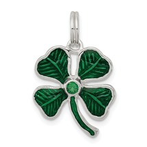 Sterling Silver Enamel 4-Leaf Clover With Green Glass Stone Charm 22mm x 12mm - $18.18