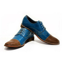 Handmade Men&#39;s Leather Oxfords Brown Blue Color Rounded Toe Premium Shoes-214 - £165.11 GBP