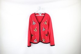 Vtg 90s Streetwear Women XL Beaded Christmas Tree Knit Full Zip Cardigan Sweater - £35.19 GBP