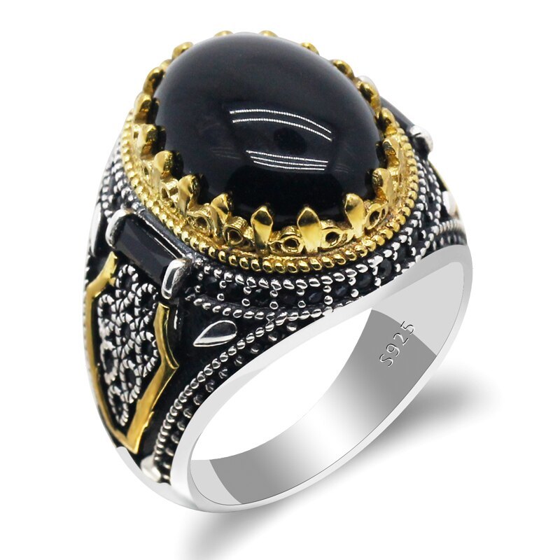 Natural Agate Stone 925 Silver Men's Ring  Power Auspicious Ring Handmade Turkis - £44.14 GBP