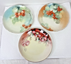3 Hand Painted Fruits Floral Plates Cherries Currents Pink Floral Havila... - $18.32