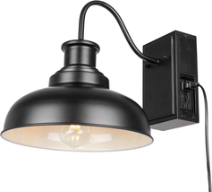 Outdoor Gooseneck Barn Light with GFCI Outlet, Black Farmhouse Wall Sconce - $125.72