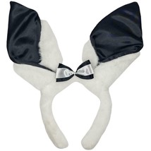 Fuzzy Bunny Ears Headband Black Satin Lining Bow Furry White Rabbit Playboy 1009 - £13.41 GBP