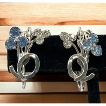Sterling Star Art Screw Back Earrings Blue Rhinestone Floral Silver Tone - £15.95 GBP