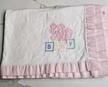 Vintage Cuddle Time Baby Blanket White Bear BABY Blocks Pink Satin Trim  - $24.70