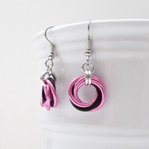 Love knot chainmail earrings, hot pink & black handmade jewelry - $15.00