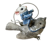 Kurt Adler Blue and Gray Mouse Riding a Snowy  Bird Ornament NWT 3.25 in - £9.01 GBP