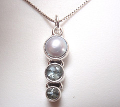 Small Faceted Blue Topaz Cultured Pearl Triple Gem 925 Sterling Silver Necklace - £12.93 GBP