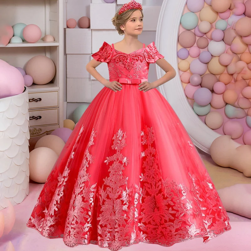 3-12 Years Kids Dress Flower Long Beading Elegant Teenagers Prom Gowns Dresses G - $92.37