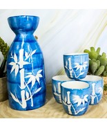 Porcelain Blue Jeans &amp; White Bamboo Japanese Sake Rice Wine Flask And 4 ... - $35.39 CAD