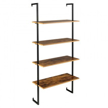Bookshelf 4-Tier Industrial Ladder with Metal Frame-Coffee - £80.31 GBP