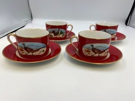 Set of 4 Lynn Chase Winter Game Birds Red 24K Gold Cup &amp; Saucer Sets Japan - £184.28 GBP