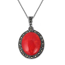 Vintage Inspired Oval Red Coral Marcasite Frame Sterling Silver Necklace - £26.14 GBP