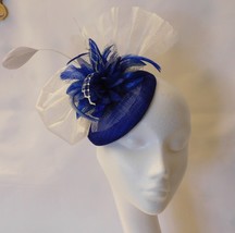 Feather Fascinator, Royal Blue &amp; Silver Hat Fascinator Wedding Church Hat, Cockt - £34.53 GBP