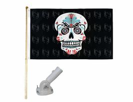5&#39; Wood Flag Pole Kit W/Nylon White Bracket 3x5 Sugar Skull Head Polyester Flag - £23.88 GBP