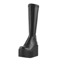 Women&#39;s Platform Knee High Boots Wedges Round Toe Matte Black Soft PU High Heels - £156.23 GBP