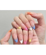 Pastel Rainbow French Tip Press-On Nails – Minimalist Color Pop Set glue... - $24.99
