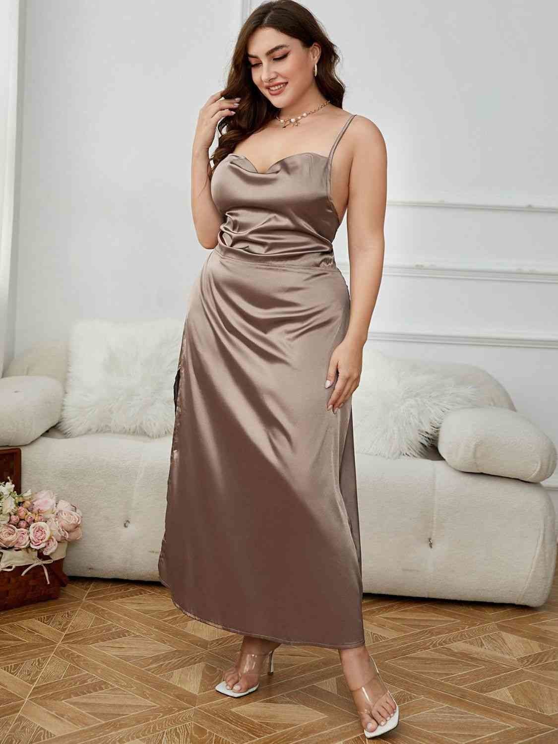 Out of State - Plus Size Lace-Up Spaghetti Strap Split Night Dress - $26.89
