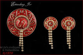 Signed Eisenberg Ice Red Hat Pin and Earrings (#J1270) - £54.35 GBP