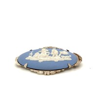 Vtg Signed Sterling Wedgwood Art Deco Blue Jasperware Cherub Angel Oval Brooch - £55.48 GBP